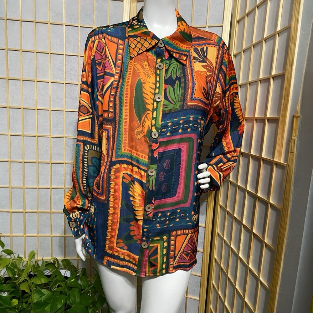 Rachel Zoe Button-Down Tropical Patchwork Floral … - image 2